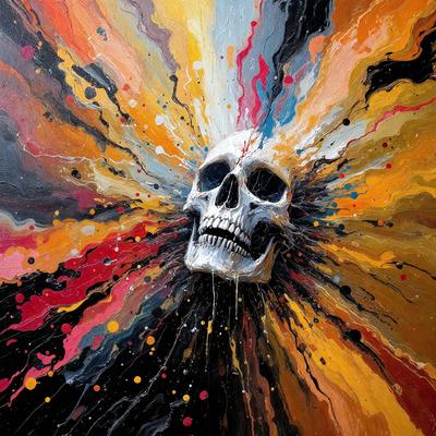 The primary subject of the image is a skull, which is the main object, scene, or focus of the image. The skull is depicted in a painting or drawing, with a vibrant and colorful background. The colors and mood of the image are lively and energetic, with a mix of bright and bold colors. The setting or background features a colorful and abstract design, which adds to the overall visual style of the painting or drawing.